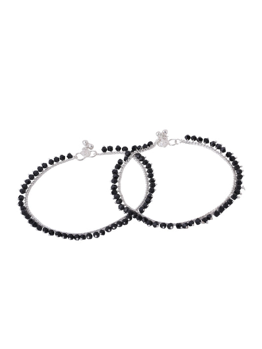 Silver Plated Anklet with Black Beads