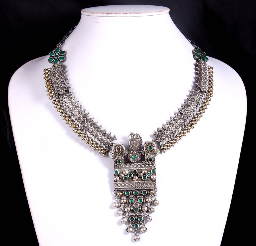 dual-tone-peacock-shape-necklace-set-green-viraasi