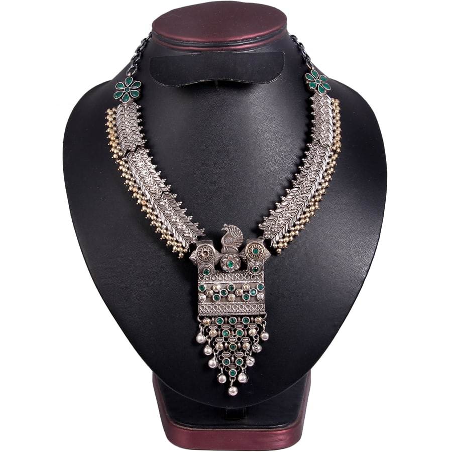 dual-tone-peacock-shape-necklace-set-green-viraasi