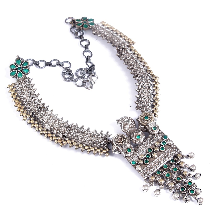 dual-tone-peacock-shape-necklace-set-green-viraasi