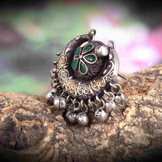 Moon Shape Dual Tone Ring-Green Stone
