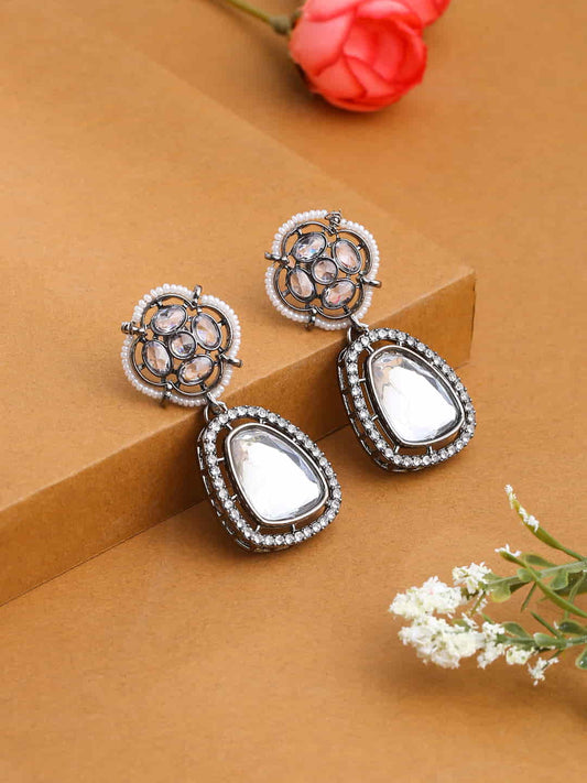 Stylish Kundan Dangle Earrings With Rhodium Plating