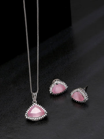 AD Chain Pendant with Earrings-Pink-viraasi