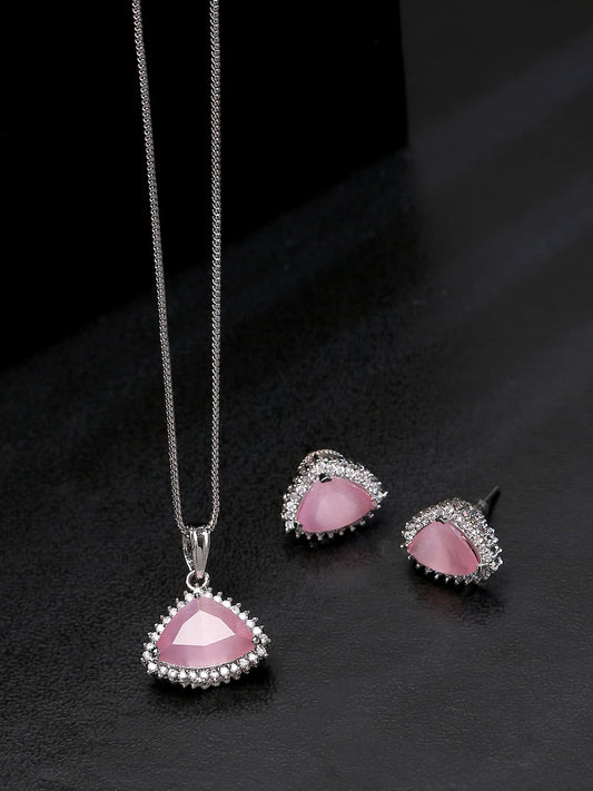 AD Chain Pendant with Earrings-Pink