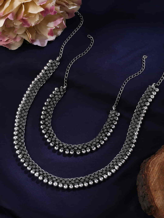 Oxidised Silver Plated Short and Long Necklace Set for Women