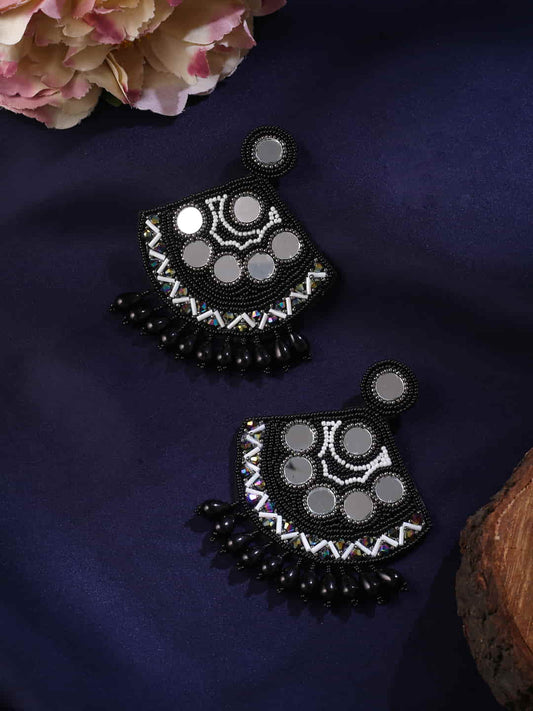 Black Beaded Mirror Work Dangler Earrings for Women and Girls
