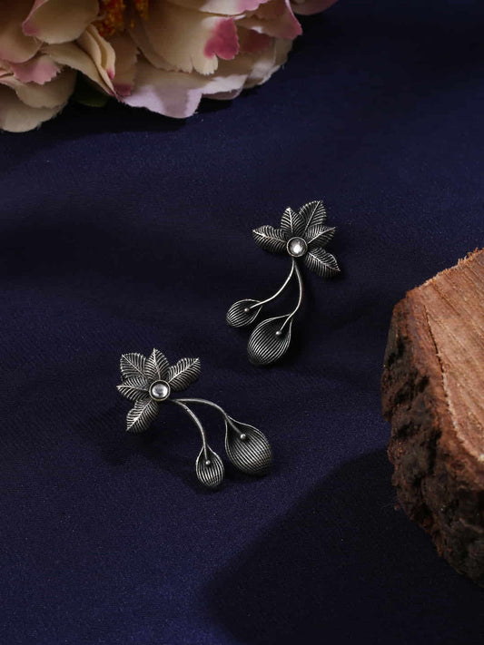Silver Plated Oxidised Flower Design Drop Earrings for Girls