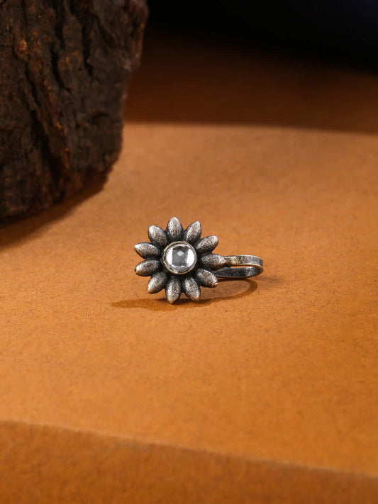 Silver Plated Oxidised Sun Flower Design Nose Pin for Women