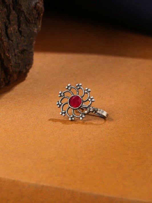 Oxidised Red Stone Studded Nose Pin For Girls