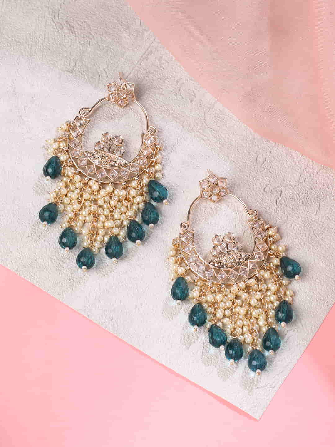 Gold-Plated Green Pearl Studded Dangle Earrings