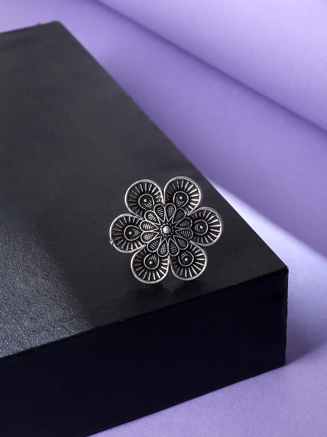 Oxidised Floral Shape Adjustable Ring For Women