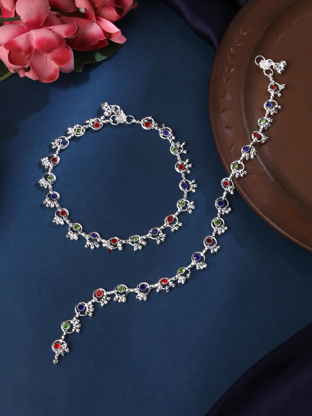 Silver Plated Ghungroo Anklet with Colorful Stones