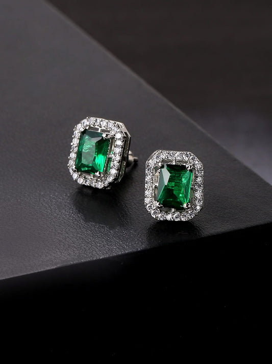 Square Shape Diamond Earrings - Green
