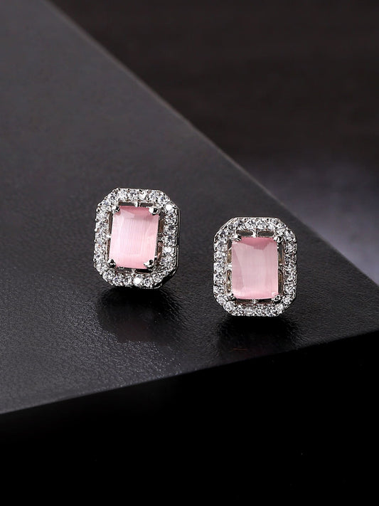 Pink Square Diamond Studs Earrings