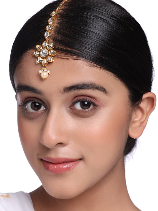 Floral Shape Gold Plated Kundan Maang Tikka