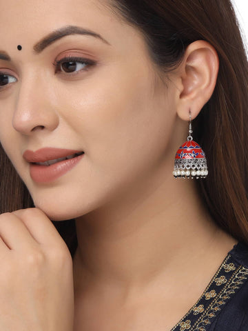 Floral Enameled Oxidised Jhumka Earrings