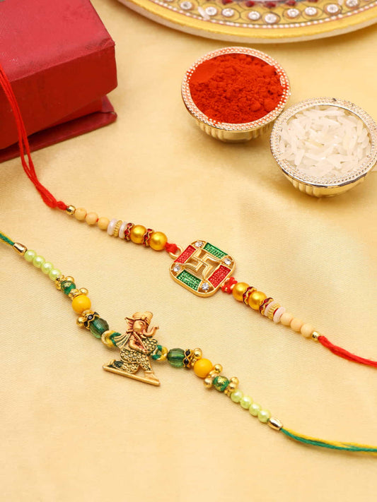 Set of 2 Lord Ganesha and Swastika Rakhi for Brother