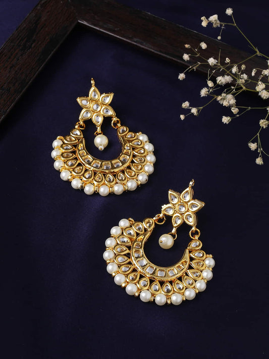 Gold Plated Chandbali Earring with White Pearls