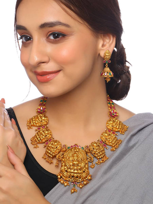 Gold Plated Temple Necklace Set with Multicolor Stones