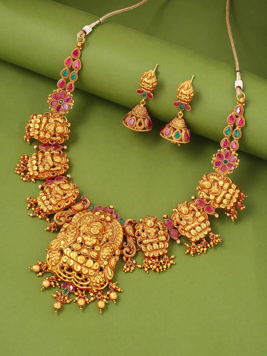 Gold Plated Temple Necklace Set with Multicolor Stones