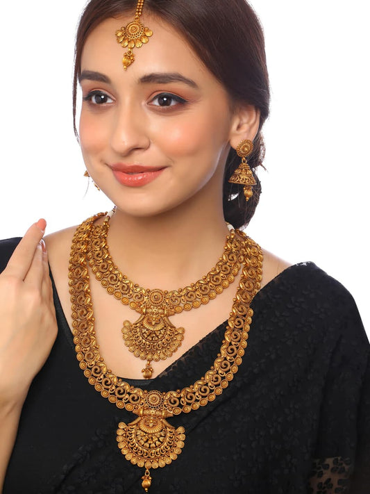 Traditional Gold Plated Long and Short Necklace Set