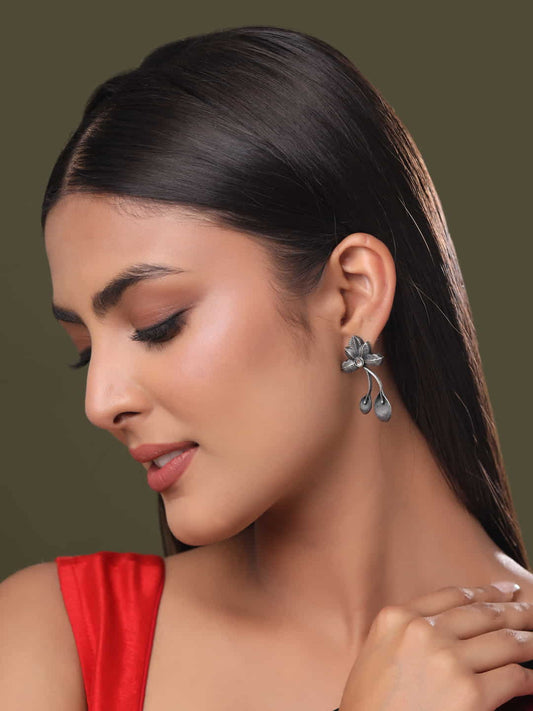 Silver Plated Oxidised Flower Design Drop Earrings for Girls