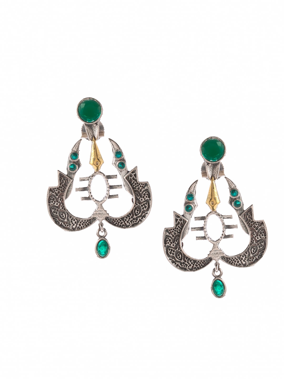 trishul-shape-dual-tone-green-stone-earrings-viraasi