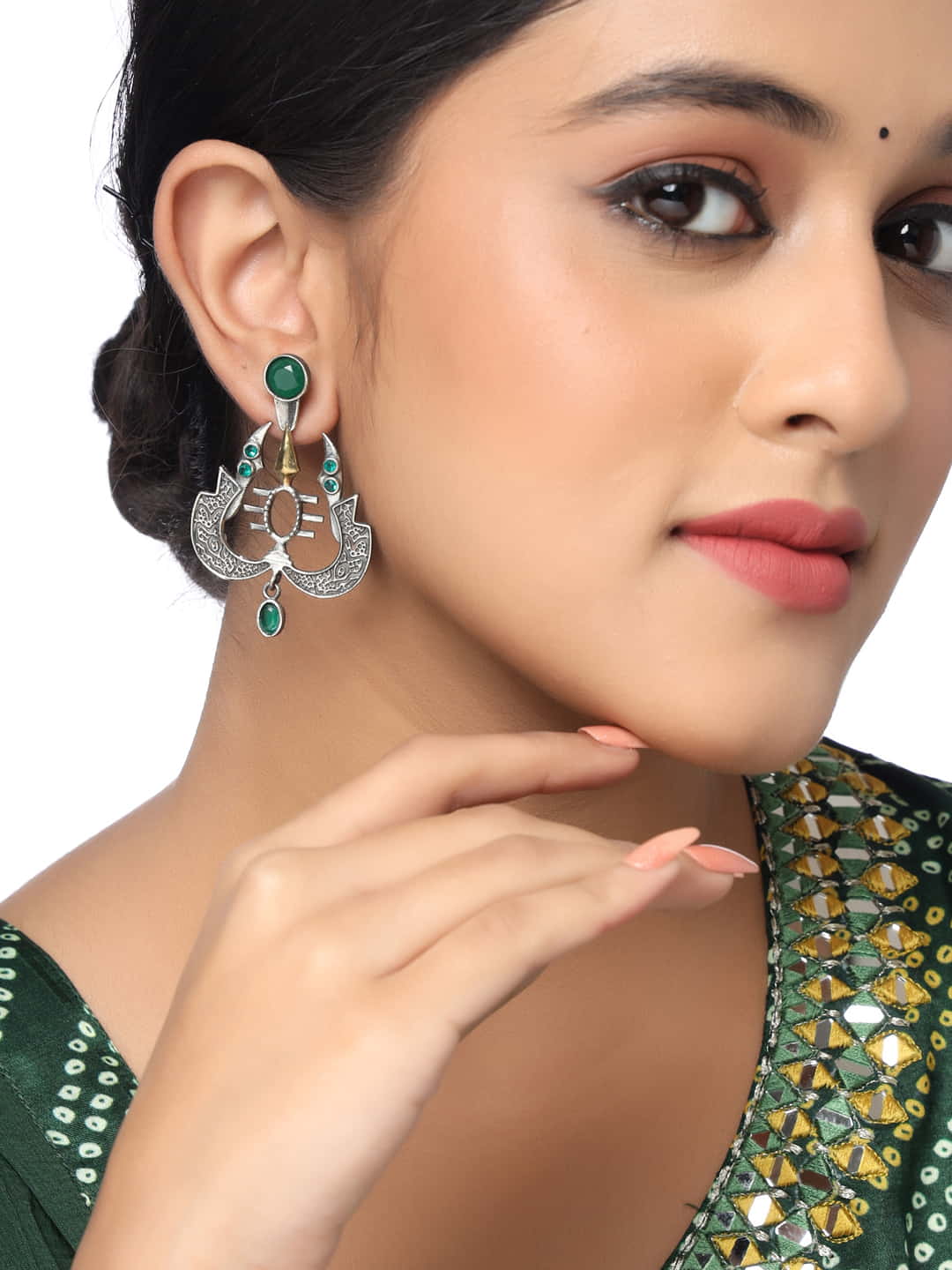 trishul-shape-dual-tone-green-stone-earrings-viraasi