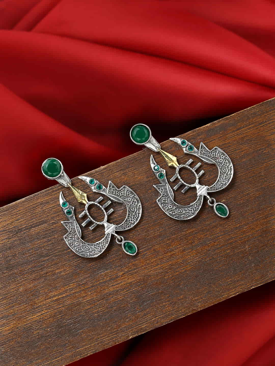 trishul-shape-dual-tone-green-stone-earrings-viraasi