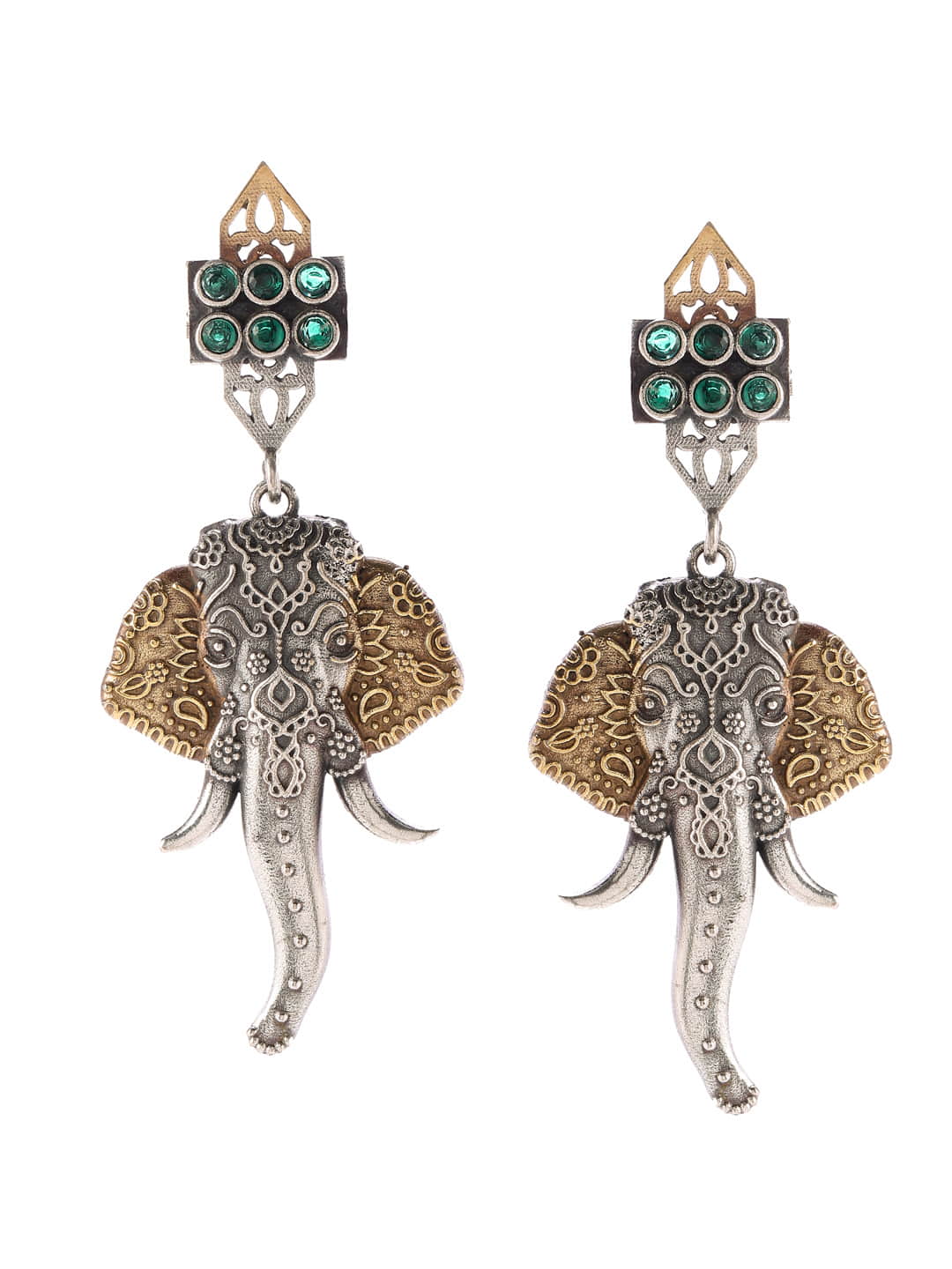 dual-tone-elephant-shape-dangle-earrings-with-green-stone-viraasi