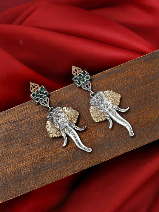 dual-tone-elephant-shape-dangle-earrings-with-green-stone-viraasi