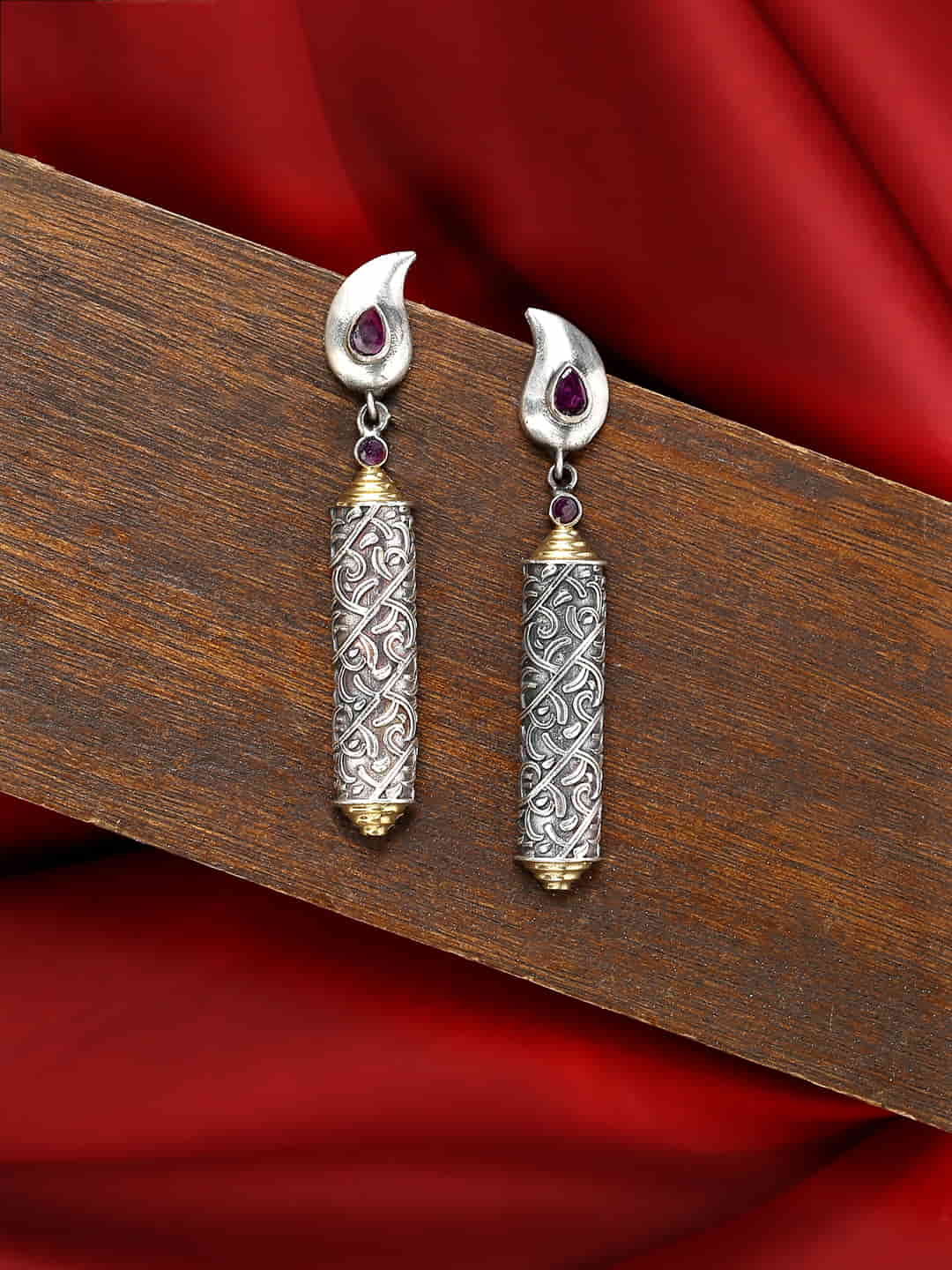dual-tone-leaf-shape-dangle-earrings-with-pink-stone-viraasi