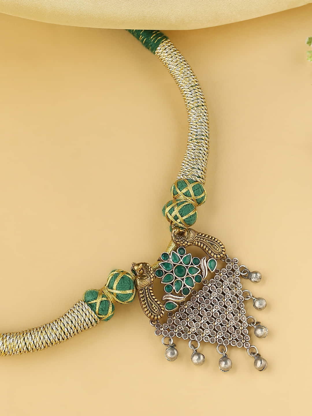 Dual Tone Peacock Shape Green Thread Necklace