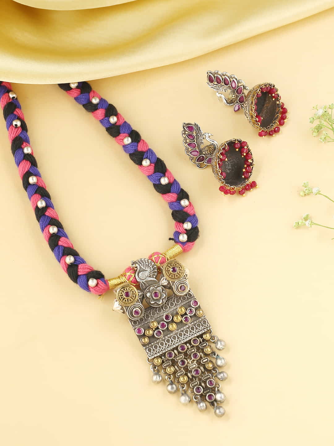 handmade-thread-necklace-with-earrings-for-women-multicolor-viraasi