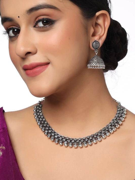 Oxidized Choker Necklace with Jhumka Earring Jewellery Set