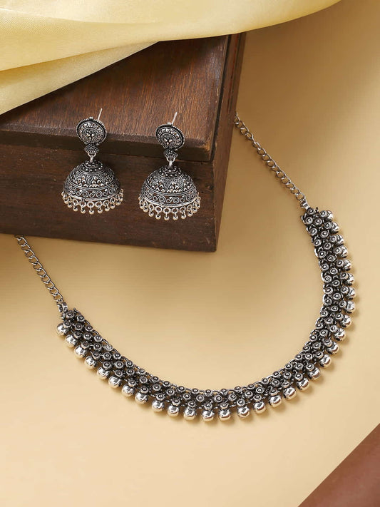 Oxidized Choker Necklace with Jhumka Earring Jewellery Set