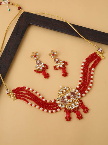 Kundan Ethnic Traditional Choker Necklace Set-Red Beads