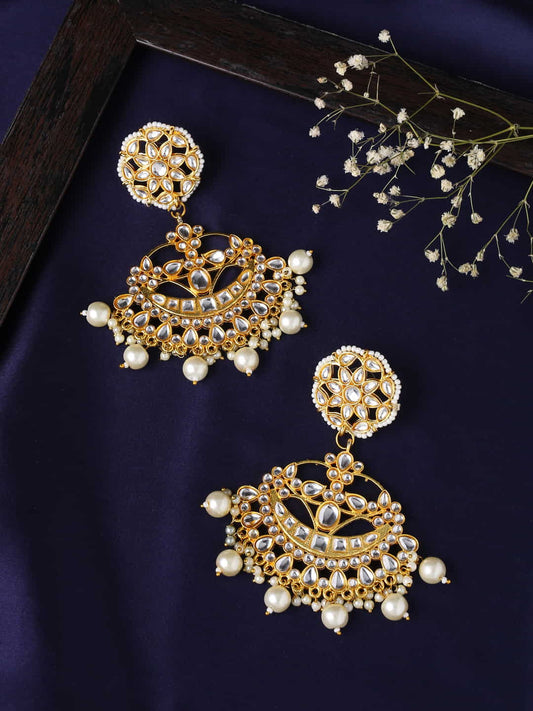 Traditional Gold Plated Pearl Kundan Beaded Wedding Dangle Earring