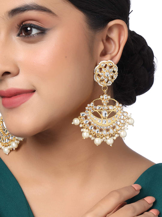 Traditional Gold Plated Pearl Kundan Beaded Wedding Dangle Earring