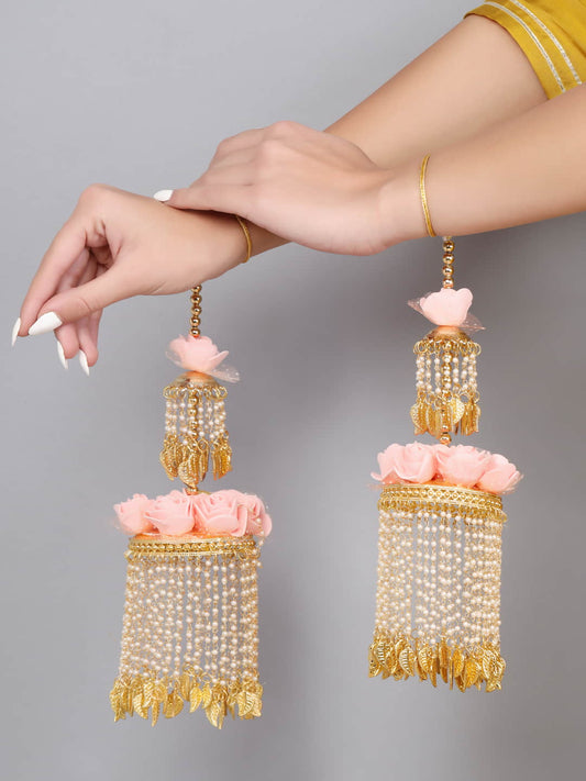 Gold Plated Bridal Kaleera Set with Pink Flowers