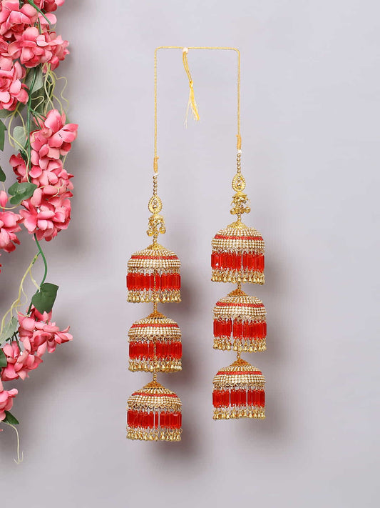 Gold Plated Three Layer Bridal Kaleera Set with Red Crystal Stone