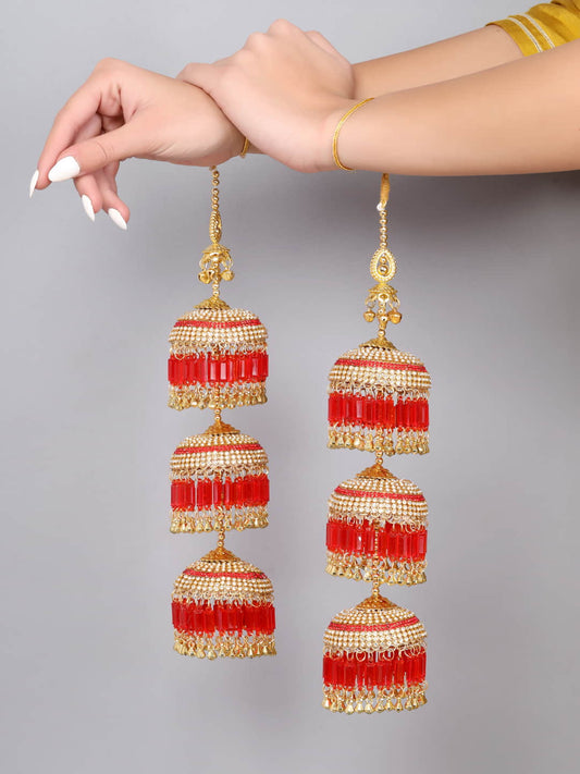 Gold Plated Three Layer Bridal Kaleera Set with Red Crystal Stone