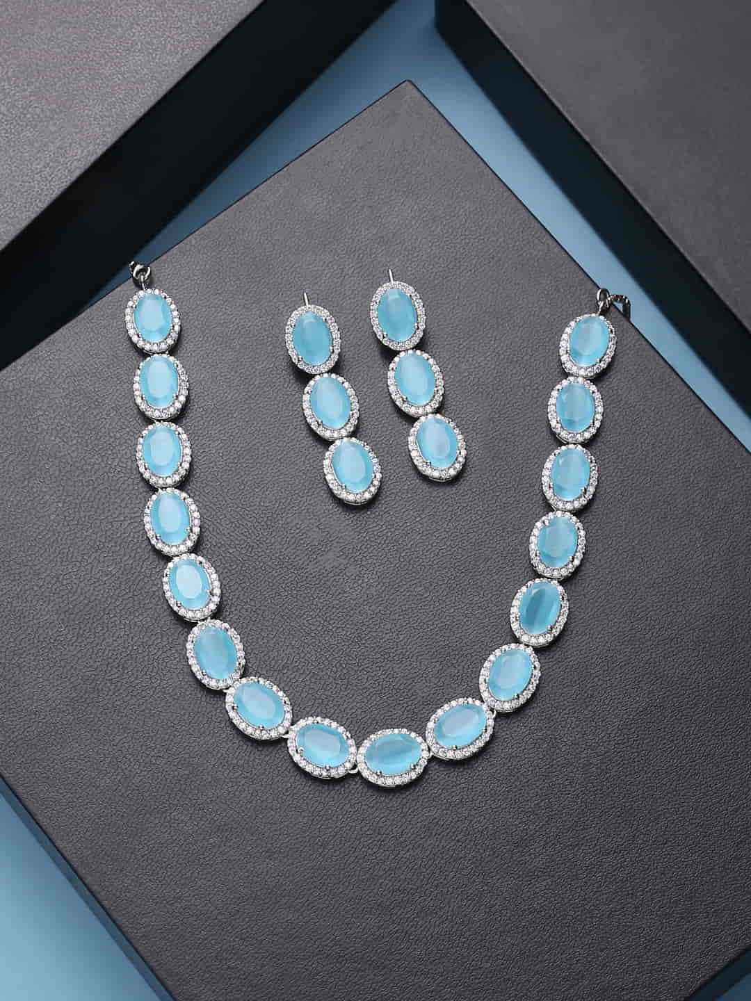 Silver Gold Plated American Diamond Necklace Set-Turquoise Color