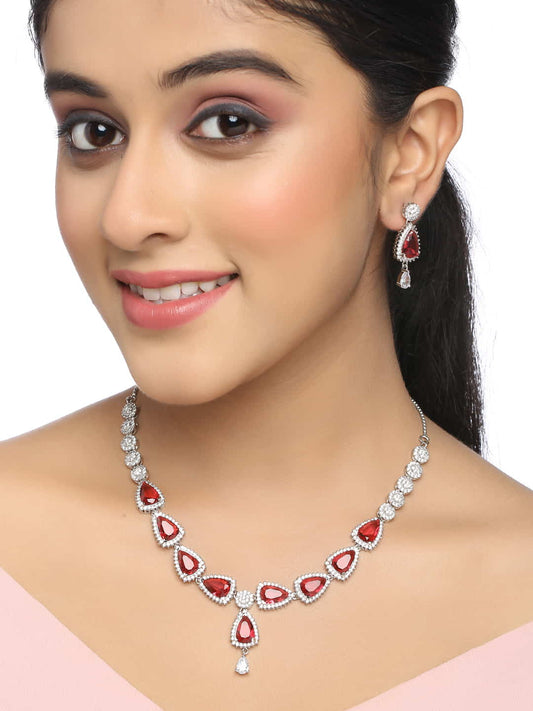 Silver Plated American Diamond Necklace Set-Ruby Color
