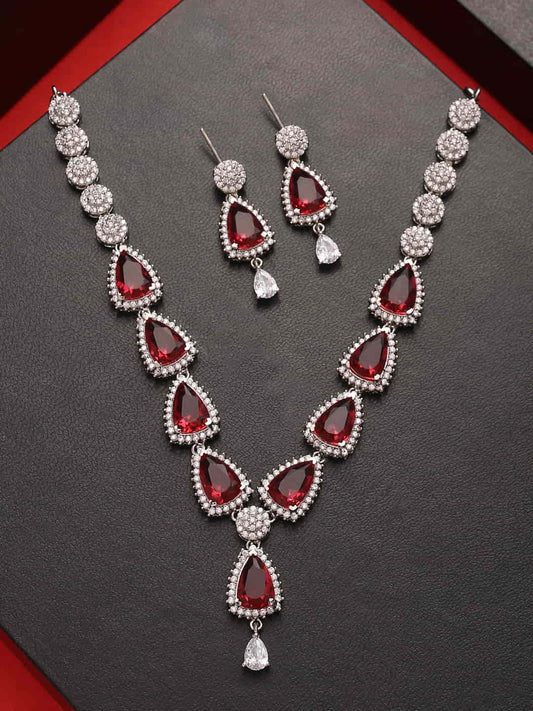Silver Plated American Diamond Necklace Set-Ruby Color