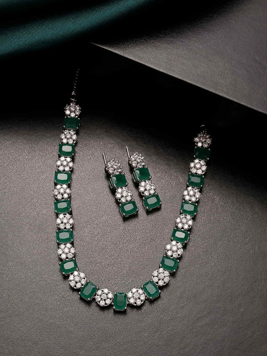 Floral Shape American Diamond Necklace Set-Emerald Color