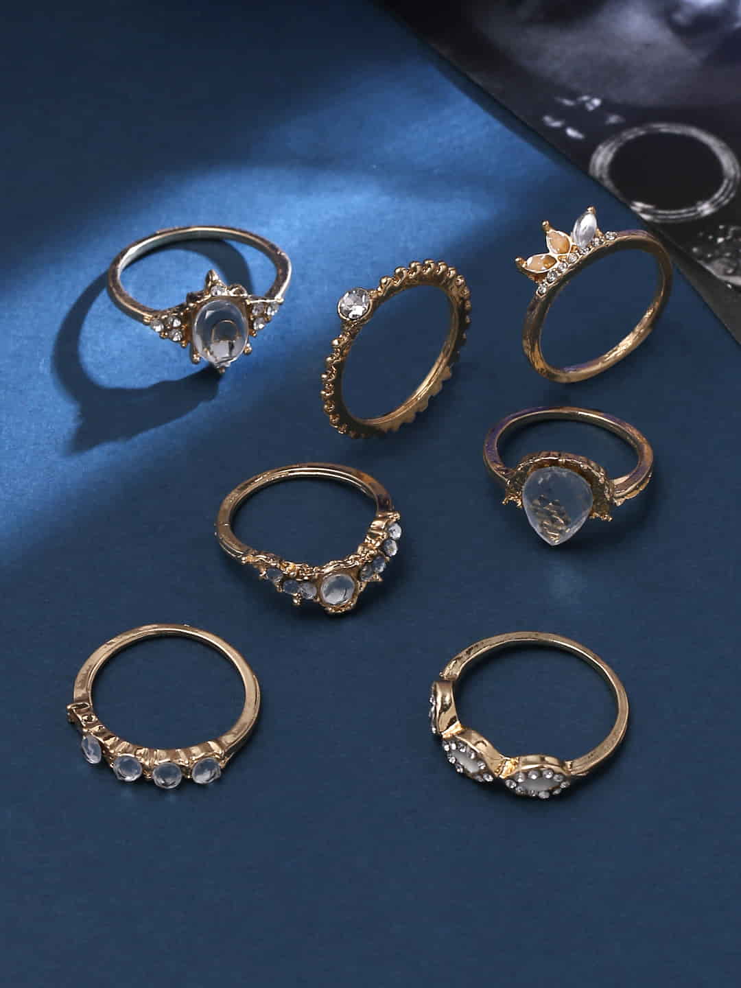 Gold Plated Stone Studded Set of 7 Finger Rings