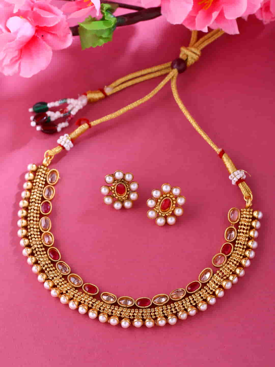 Gold Plated Stone Studded Choker Necklace Set for Women and Girls