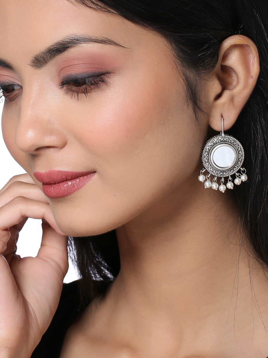 Oxidised Boho Round Shape Mirror Earrings