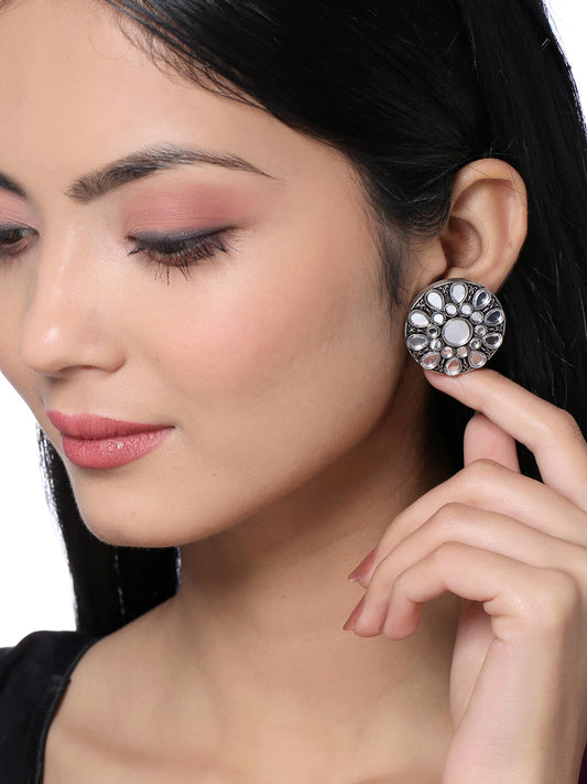 Round Shape Oxidised Mirror Stud Earrings